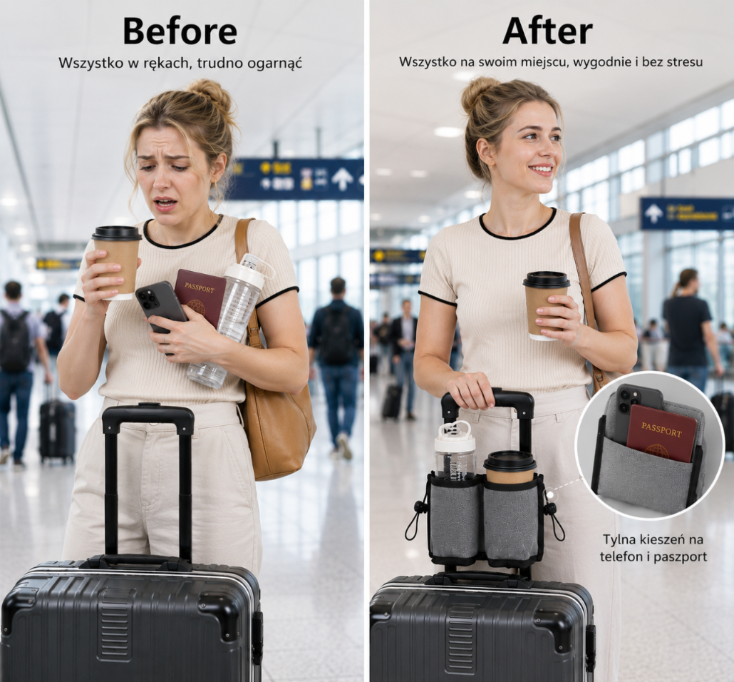 Uchwyt na kubek do walizki organizer podróżny kieszeń na telefon paszport